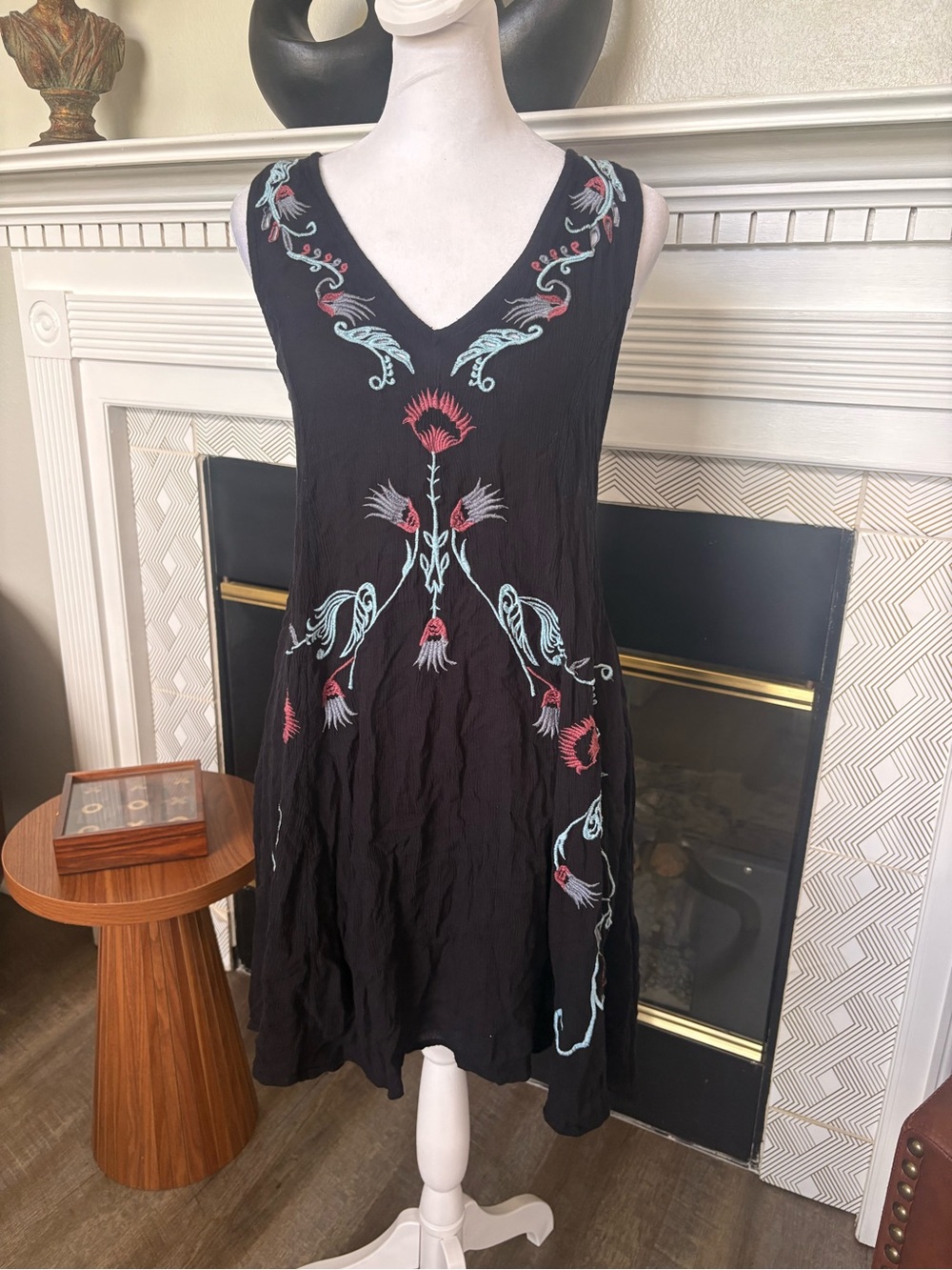 Free People Black Mini Dress with Red & Light Blue Embroidery